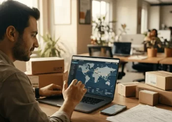 Türk girişimci ofisinde e-ihracat pazar analizi yapıyor, ürün kutuları ve sevkiyat belgeleri masada e-ihracat destekleri 2026 rehberi