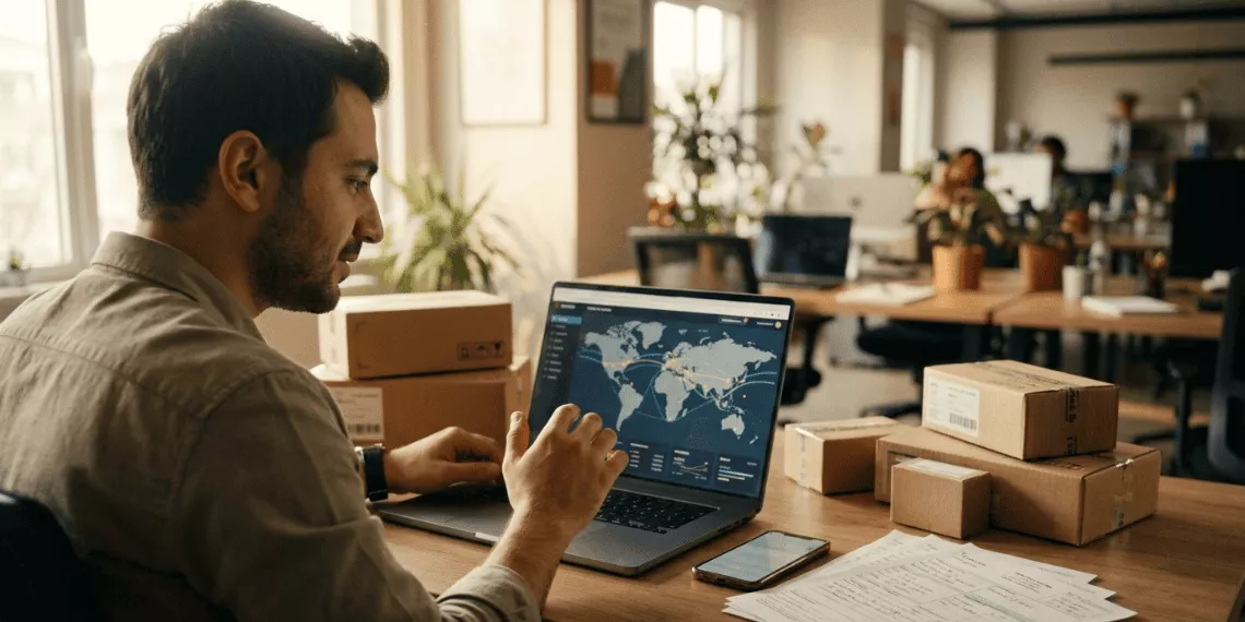 Türk girişimci ofisinde e-ihracat pazar analizi yapıyor, ürün kutuları ve sevkiyat belgeleri masada e-ihracat destekleri 2026 rehberi