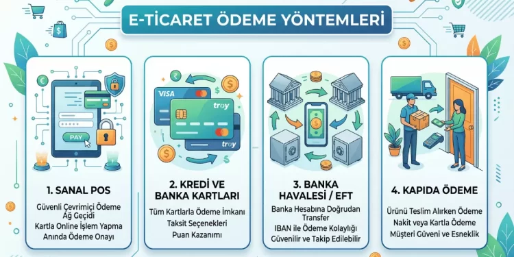 E-ticarette ödeme yöntemleri 2026 - sanal POS, kredi ve banka kartı ödemesi, havale/EFT, kapıda ödeme.