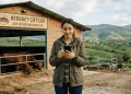 Genç kadın çiftçi ahırının önünde tablet ile işletmesini yönetiyor — kadın girişimci hayvancılık hibe desteği 2026