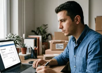 E-ticaret girişimcisi bilgisayardan e-fatura keserken