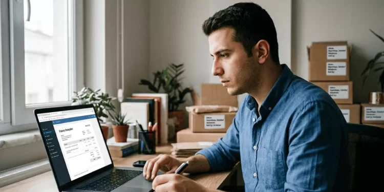 E-ticaret girişimcisi bilgisayardan e-fatura keserken