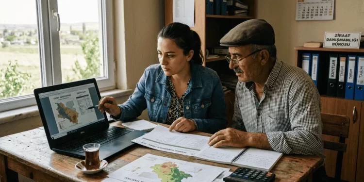 KKYDP 2026 işletme planı hazırlayan çiftçi ve danışman masa başında belgeleri inceliyor