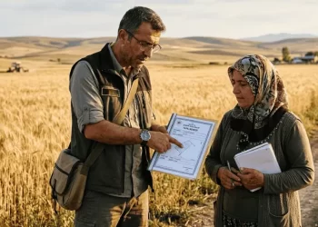 Kırsal Kalkınma Desteği - KKYDP 2026 yatırım yeri şartları - ziraat mühendisi ve çiftçi tarım arazisinde tapu belgelerini inceliyor
