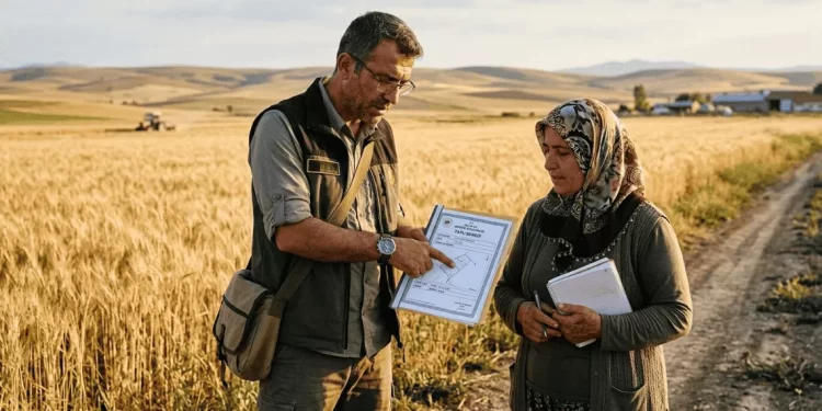 Kırsal Kalkınma Desteği - KKYDP 2026 yatırım yeri şartları - ziraat mühendisi ve çiftçi tarım arazisinde tapu belgelerini inceliyor