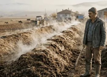 Organik gübre işleme tesisi - çiftçi kompost alanında gübre yönetimini denetliyor