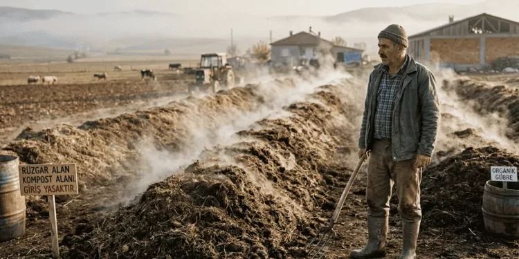 Organik gübre işleme tesisi - çiftçi kompost alanında gübre yönetimini denetliyor