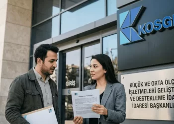 İki girişimci KOSGEB binası önünde başvuru belgelerini inceliyor