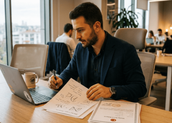 Girişimci ofiste marka tescil belgelerini ve logo tasarımını inciliyor — TÜRKPATENT marka tescili başvuru rehberi 2026