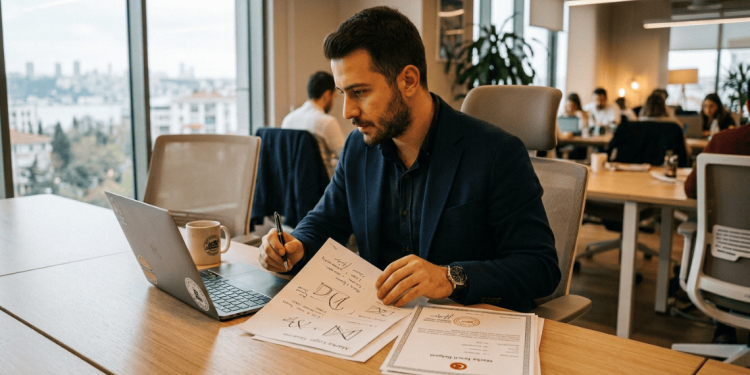 Girişimci ofiste marka tescil belgelerini ve logo tasarımını inciliyor — TÜRKPATENT marka tescili başvuru rehberi 2026