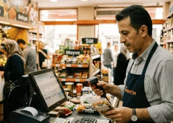 Market barkod sistemi kurma fiyatları 2026 — kasiyir POS terminalde barkod okuyucu ile ürün okutarak satış yapıyor donanım yazılım kurulum rehberi