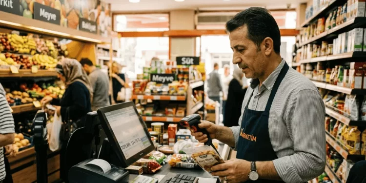 Market barkod sistemi kurma fiyatları 2026 — kasiyir POS terminalde barkod okuyucu ile ürün okutarak satış yapıyor donanım yazılım kurulum rehberi