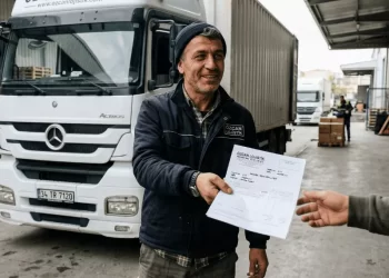 Nakliyeci kamyonun önünde müşteriye fatura teslim ediyor — 2026 nakliye KDV tevkifat oranı rehberi