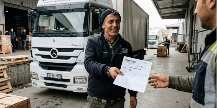 Nakliyeci kamyonun önünde müşteriye fatura teslim ediyor — 2026 nakliye KDV tevkifat oranı rehberi