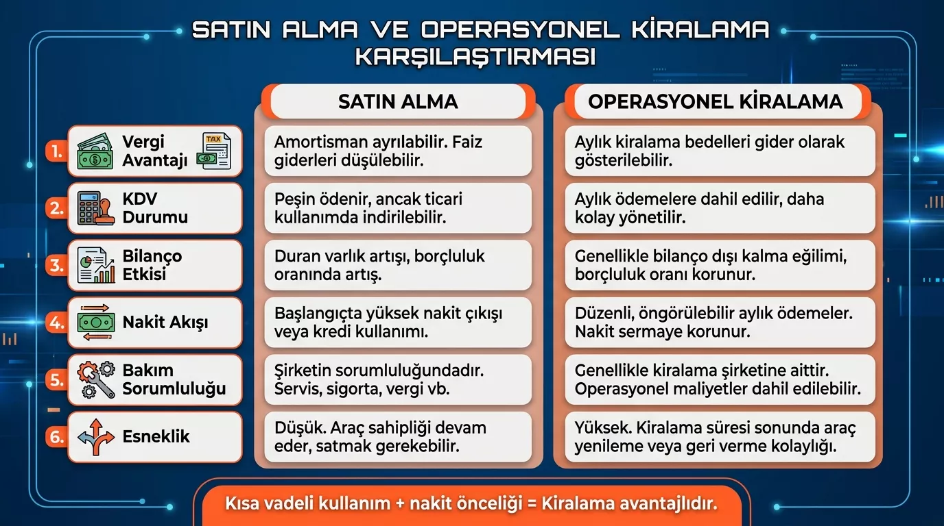 Şirket aracı almak mı kiralamak mı 2026 KOBİ karşılaştırması - vergi avantajı bilanço nakit akışı