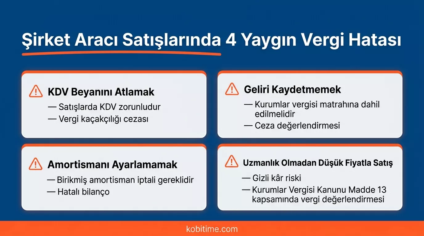 Şirket aracı satışında yapılan 4 yaygın vergi hatası: KDV beyanı atlama, kazanç kaydetmeme, amortisman düzeltmeme ve düşük bedelli satış riski