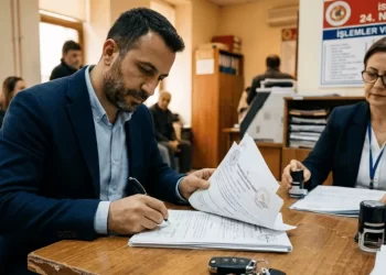 KOBİ sahibi noterde şirket aracı devir belgelerini imzalıyor — araç satış noter işlemleri 2026