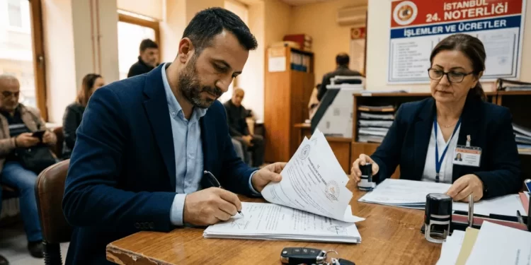 KOBİ sahibi noterde şirket aracı devir belgelerini imzalıyor — araç satış noter işlemleri 2026