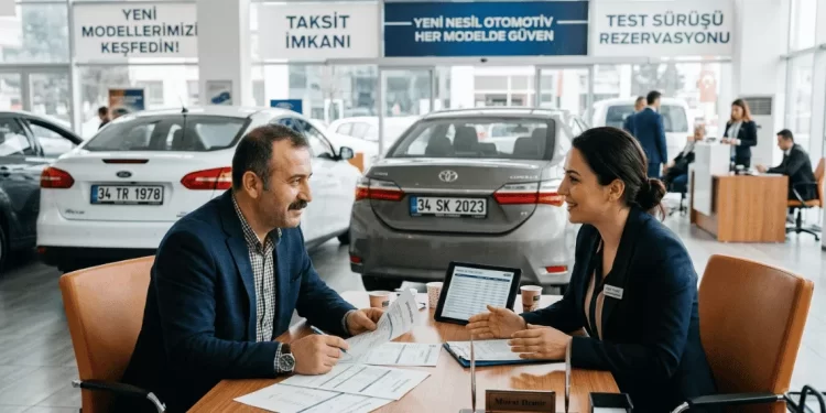 Şirket üzerine araç almak vergi indirimi 2026 - KOBİ sahibi araç showroomunda satış temsilcisiyle görüşüyor