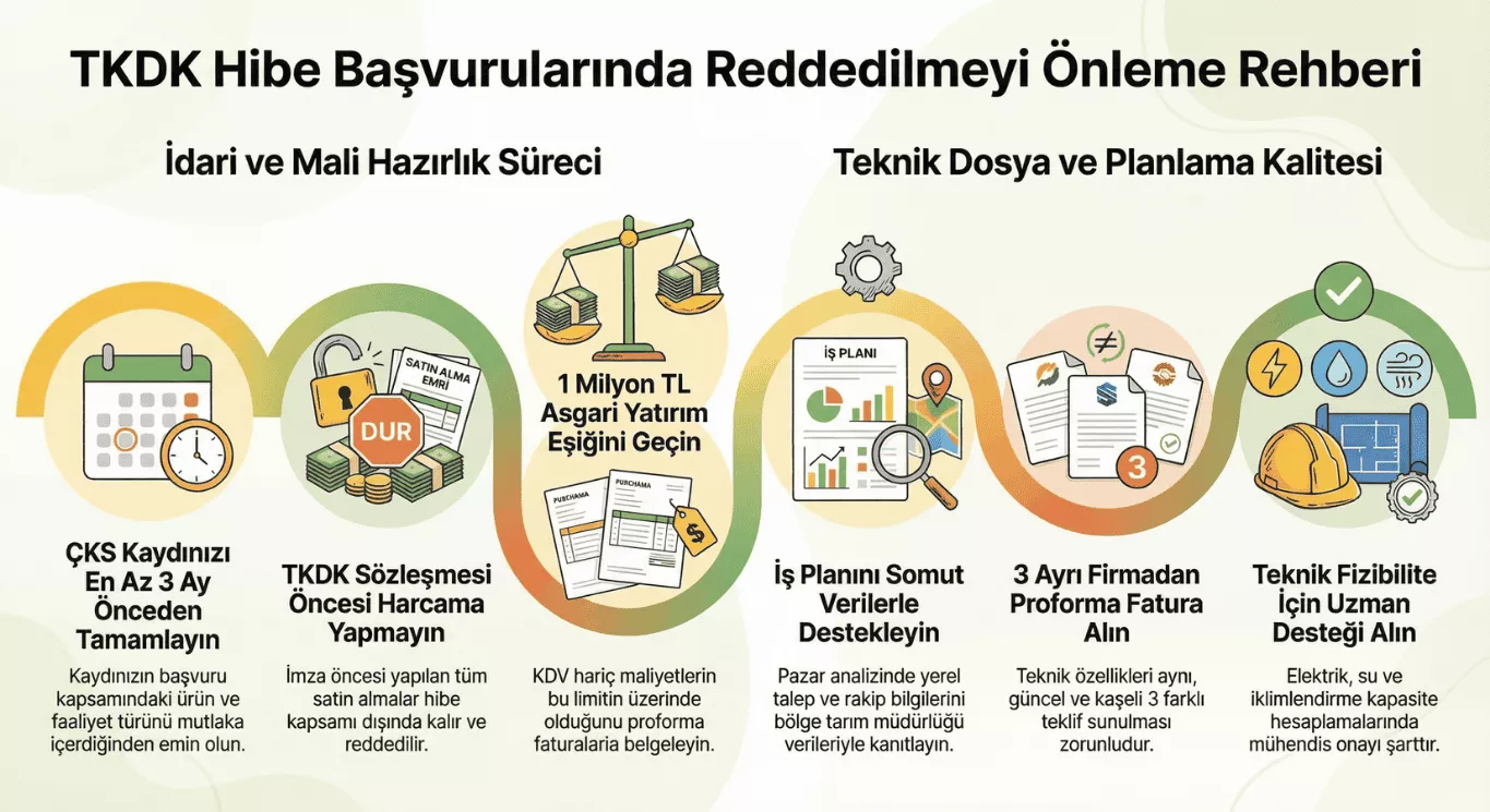 TKDK başvuru red nedenleri 2026 — ÇKS kaydı eksikliği sözleşme öncesi harcama asgari limit altı iş planı yetersizliği proforma fatura teknik fizibilite hatası