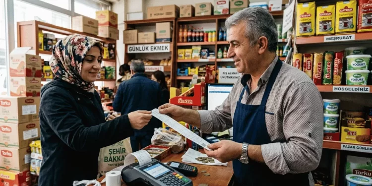 YN ÖKC kullanan esnaf kasada müşteriye fiş veriyor