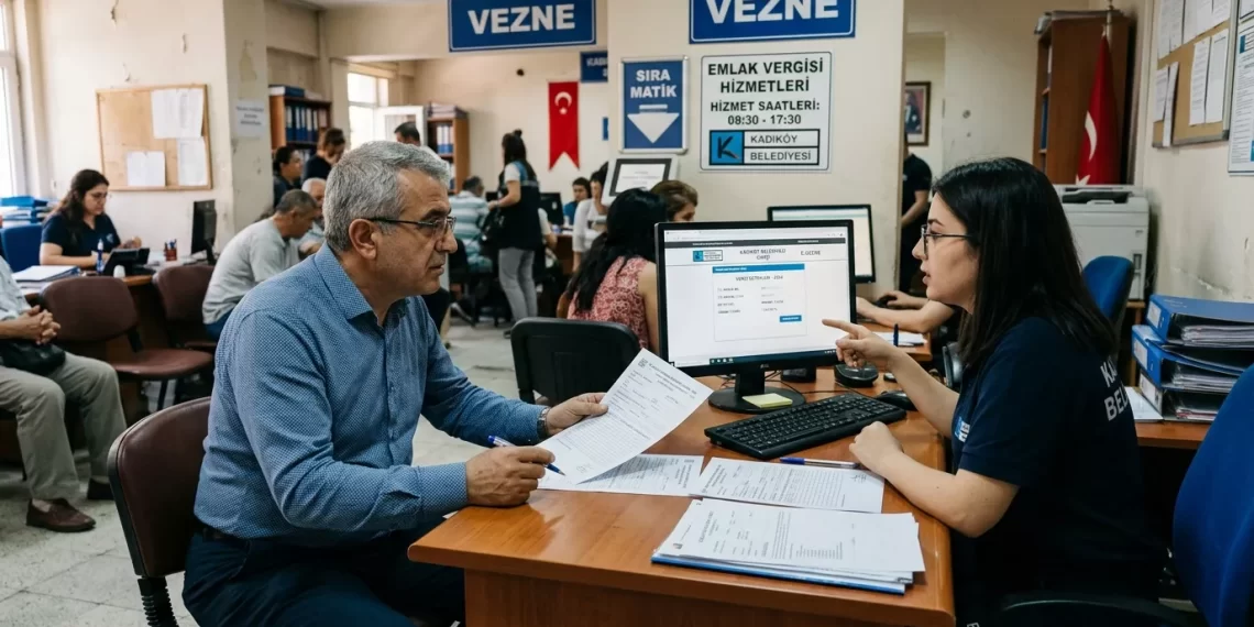 Bir belediye binasında emlak vergisi ödeme işlemi gerçekleştiren mülk sahibi
