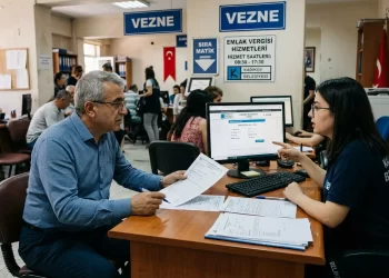 Bir belediye binasında emlak vergisi ödeme işlemi gerçekleştiren mülk sahibi