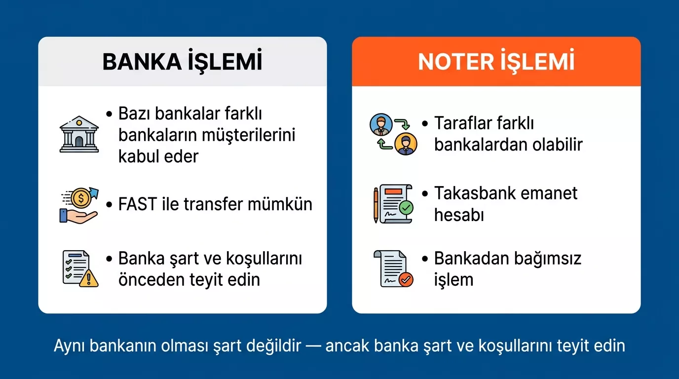 Güvenli ödeme sistemi banka yolu ve noter yolu karşılaştırması - aynı banka zorunluluğu
