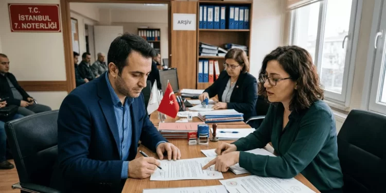 Güvenli ödeme sistemi - alıcı ve satıcı noterde tapu işlemi yapıyor