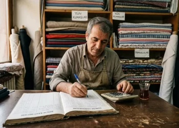 Küçük bir tekstil atölyesinde işletme defteri tutan esnaf