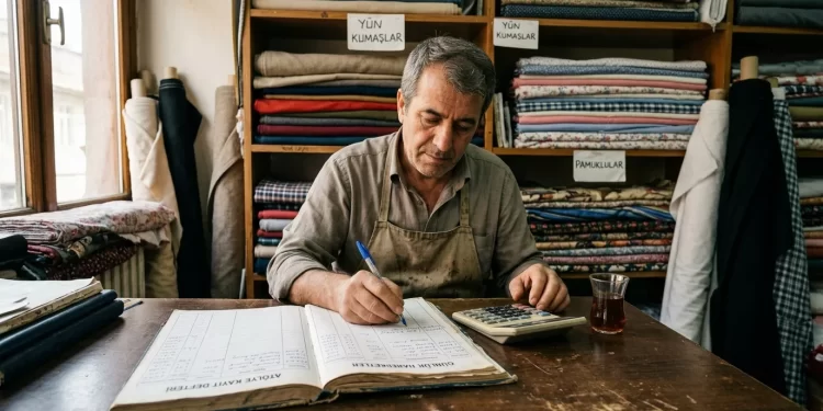 Küçük bir tekstil atölyesinde işletme defteri tutan esnaf