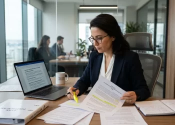 KVKK cezaları 2026 - kadın avukat veri koruma belgelerini inceliyor