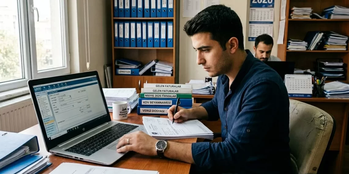 Muhasebe bürosunda fatura düzenleme ekranında çalışan bir KOBİ çalışanı