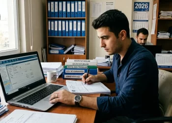 Muhasebe bürosunda fatura düzenleme ekranında çalışan bir KOBİ çalışanı