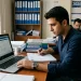 Muhasebe bürosunda fatura düzenleme ekranında çalışan bir KOBİ çalışanı